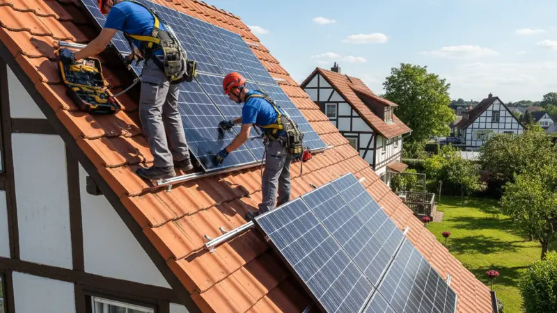 Solartechniker bei der Installation einer PV-Anlage auf einem Oldenburger Dach