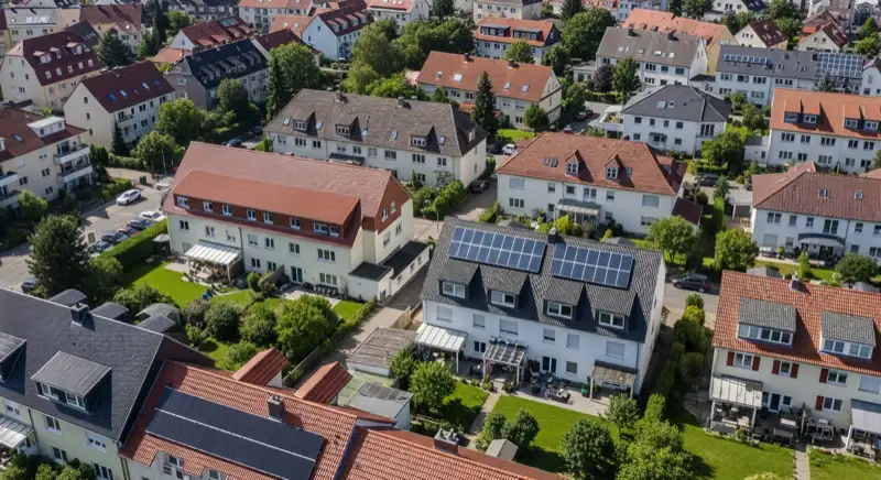 Aerial drone view of typical German residential neighborhood with mixed roof types, red and dark roof tiles, gardens visible, sunny day