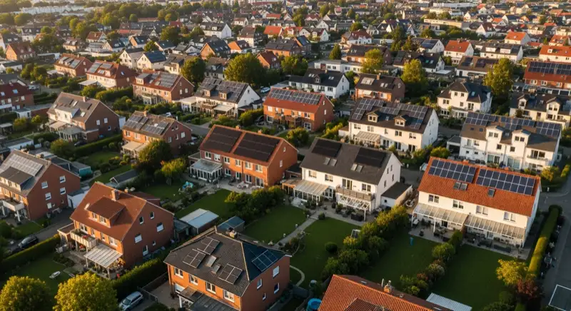 Aerial drone view of typical German residential neighborhood with mixed roof types, red and dark roof tiles, gardens visible, sunny day