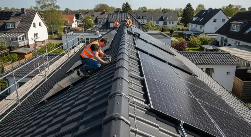 Installateur bei professioneller Dachbegehung für Solaranlage in Oranienburg mit Messgeräten