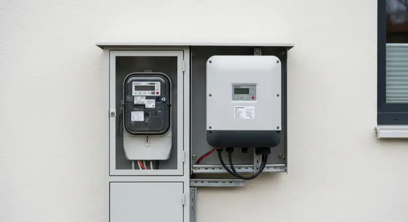 Modern German electrical meter cabinet (Zählerschrank) with smart meter and solar inverter connection, clean technical installation