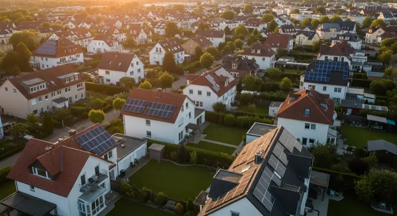 Aerial drone view of typical German residential neighborhood with mixed roof types, red and dark roof tiles, gardens visible, sunny day