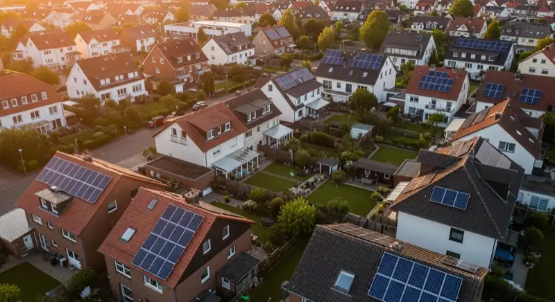 Aerial drone view of typical German residential neighborhood with mixed roof types, red and dark roof tiles, gardens visible, sunny day