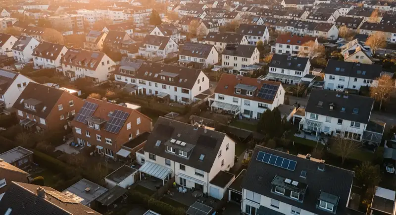 Aerial drone view of typical German residential neighborhood with mixed roof types, red and dark roof tiles, gardens visible, sunny day