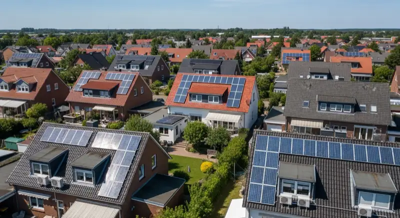 Aerial drone view of typical German residential neighborhood with mixed roof types, red and dark roof tiles, gardens visible, sunny day