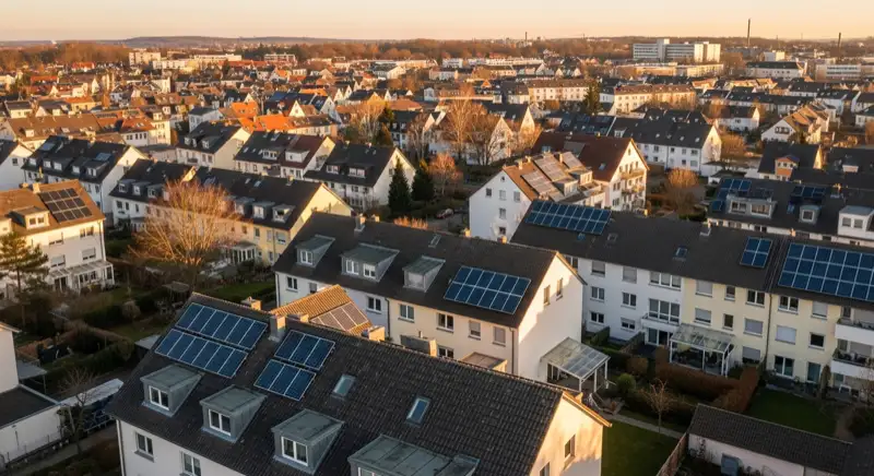 Aerial drone view of typical German residential neighborhood with mixed roof types, red and dark roof tiles, gardens visible, sunny day