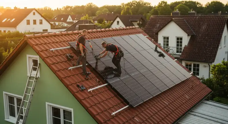 Facharbeiter bei der Montage von Solarmodulen auf einem Einfamilienhaus in Paderborn mit grüner Umgebung