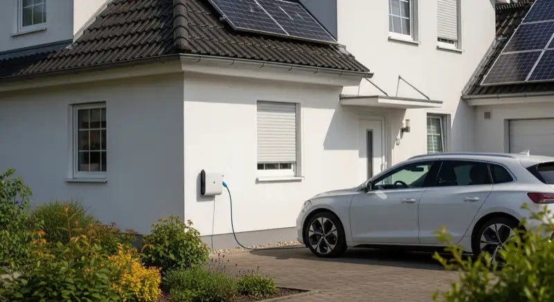 E-Auto lädt an Wallbox vor Einfamilienhaus mit Solaranlage in Potsdam