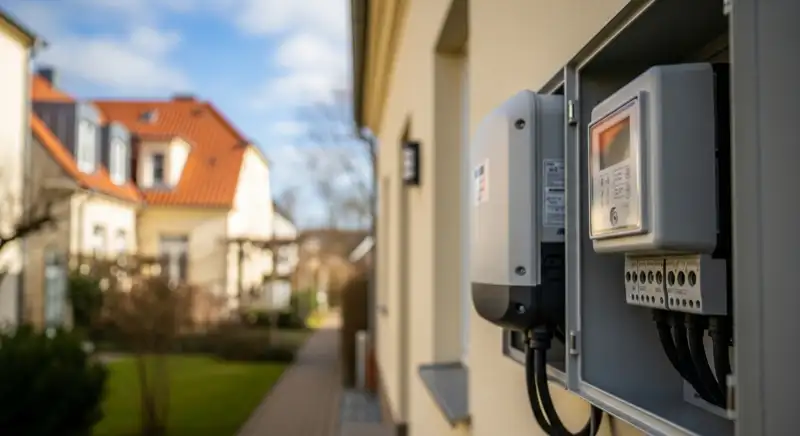 Modern German electrical meter cabinet (Zählerschrank) with smart meter and solar inverter connection, clean technical installation