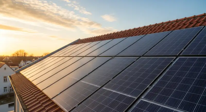 Close-up of photovoltaic solar panels installed on a traditional German Satteldach (gabled roof), blue sky with some clouds
