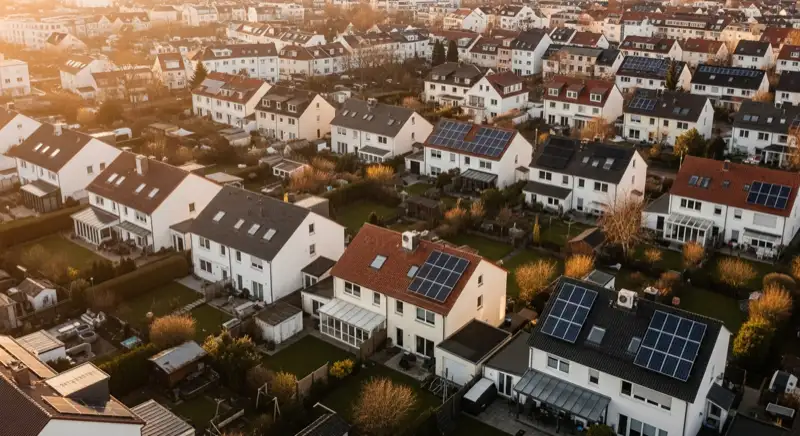 Aerial drone view of typical German residential neighborhood with mixed roof types, red and dark roof tiles, gardens visible, sunny day