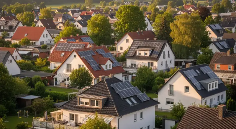 Aerial drone view of typical German residential neighborhood with mixed roof types, red and dark roof tiles, gardens visible, sunny day