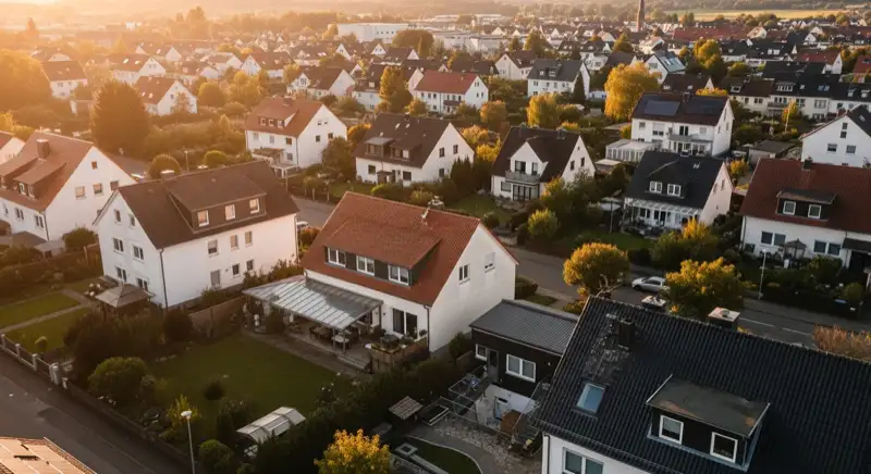 Aerial drone view of typical German residential neighborhood with mixed roof types, red and dark roof tiles, gardens visible, sunny day