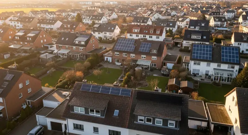 Aerial drone view of typical German residential neighborhood with mixed roof types, red and dark roof tiles, gardens visible, sunny day