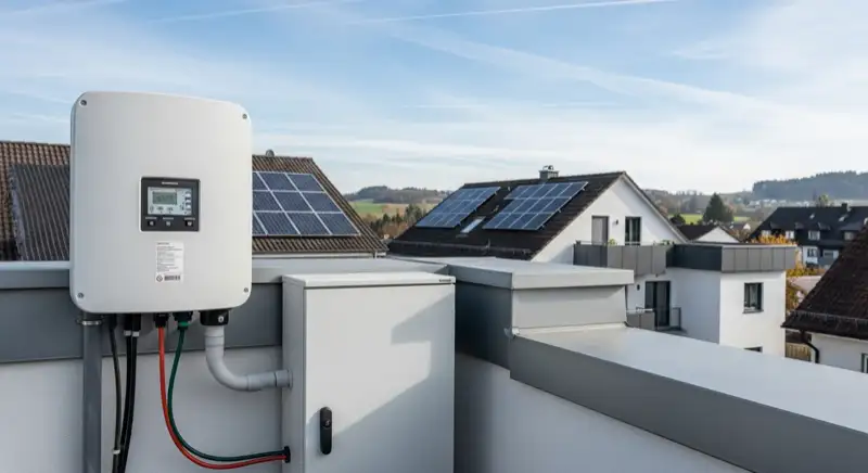 Modern German electrical meter cabinet (Zählerschrank) with smart meter and solar inverter connection, clean technical installation