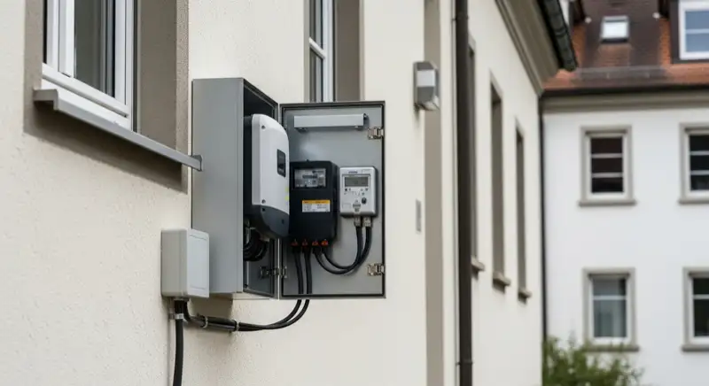 Modern German electrical meter cabinet (Zählerschrank) with smart meter and solar inverter connection, clean technical installation