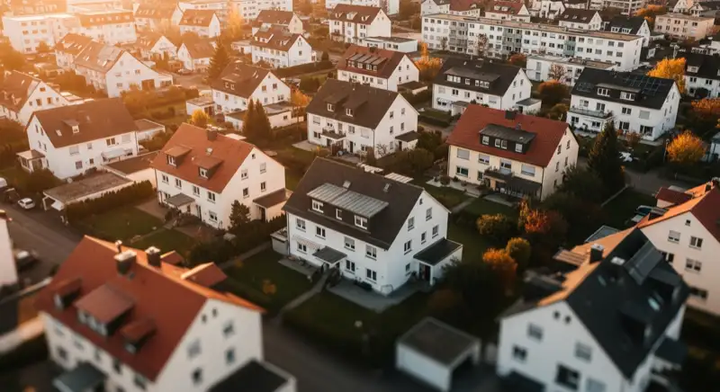 Aerial drone view of typical German residential neighborhood with mixed roof types, red and dark roof tiles, gardens visible, sunny day