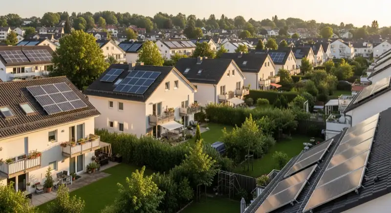 Aerial drone view of typical German residential neighborhood with mixed roof types, red and dark roof tiles, gardens visible, sunny day