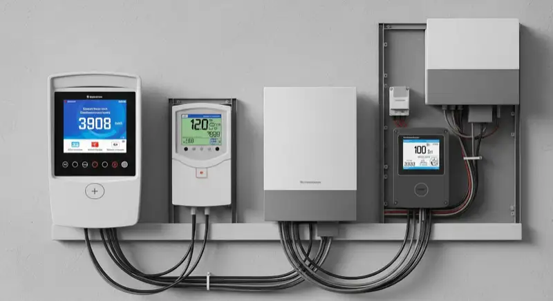 Modern German electrical meter cabinet (Zählerschrank) with smart meter and solar inverter connection, clean technical installation
