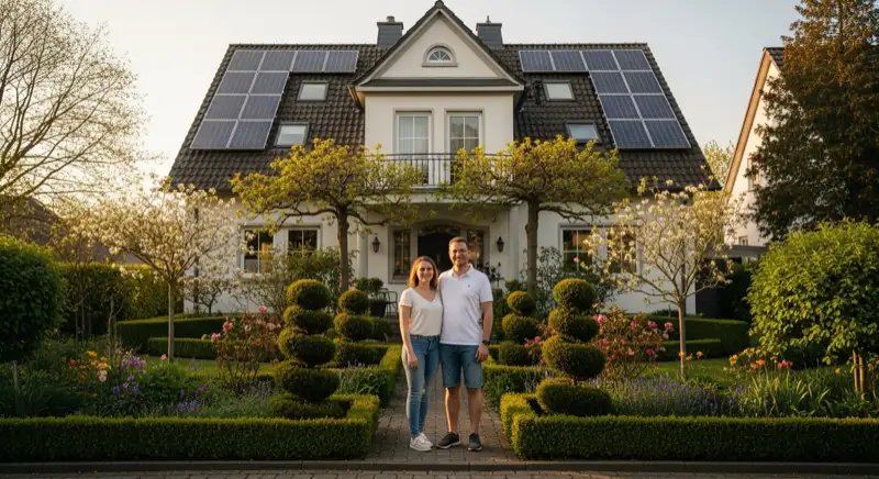 Glückliche Familie vor ihrem Eigenheim mit Solaranlage auf dem Dach, gepflegter Garten in grüner Wohnsiedlung