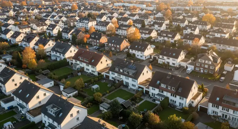Aerial drone view of typical German residential neighborhood with mixed roof types, red and dark roof tiles, gardens visible, sunny day