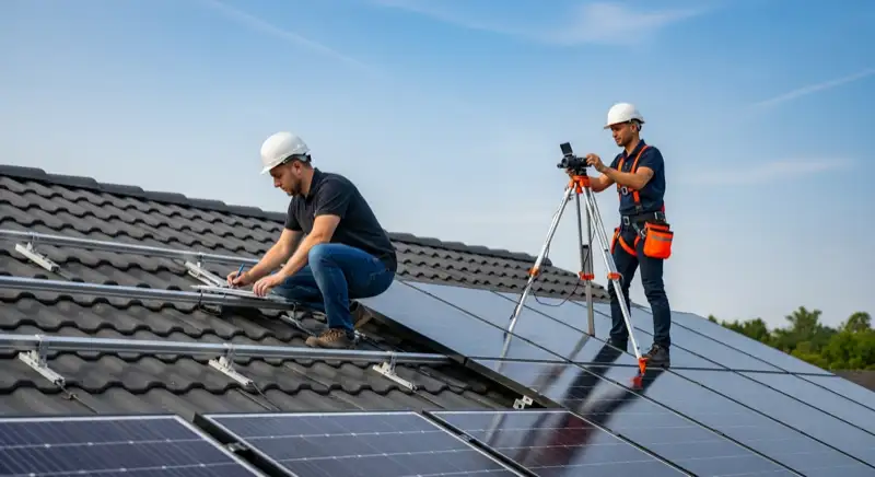 Installateur auf Dach bei Vermessung einer Solaranlage in Recklinghausen