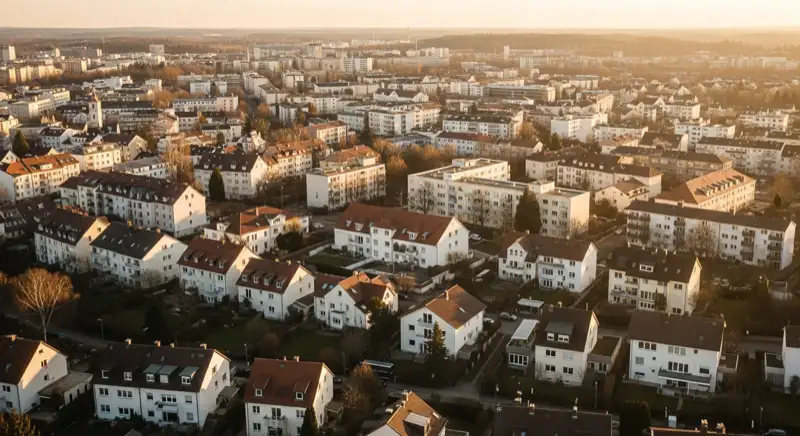 Wohngebiete in Regensburg mit verschiedenen Bauformen, typische Einfamilienhäuser und Dachstrukturen aus der Luft