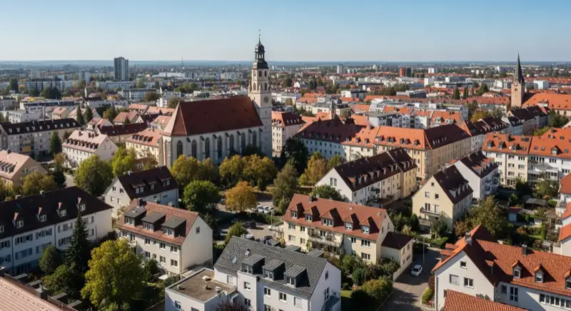 Wohngebiete in Regensburg mit verschiedenen Bauformen, typische Einfamilienhäuser und Dachstrukturen aus der Luft