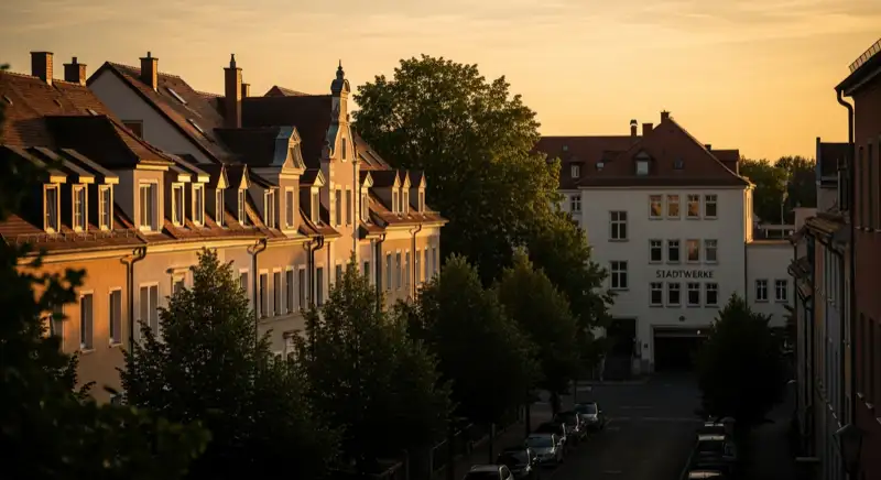 Blick auf das Stadtwerke-Gebäude in Regensburg mit Service-Eingang, lokale Versorgeratmosphäre