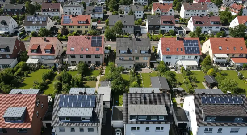 Aerial drone view of typical German residential neighborhood with mixed roof types, red and dark roof tiles, gardens visible, sunny day