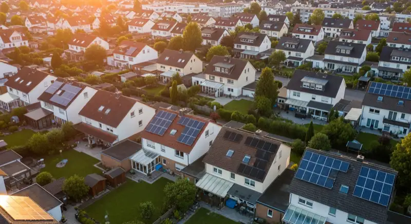 Aerial drone view of typical German residential neighborhood with mixed roof types, red and dark roof tiles, gardens visible, sunny day