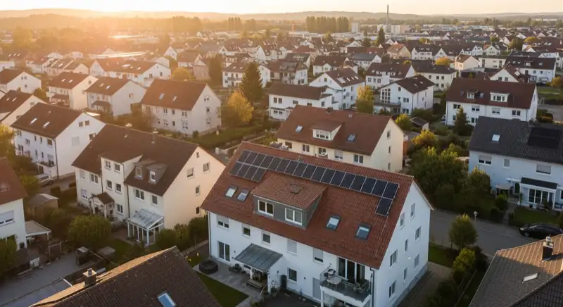 Aerial drone view of typical German residential neighborhood with mixed roof types, red and dark roof tiles, gardens visible, sunny day