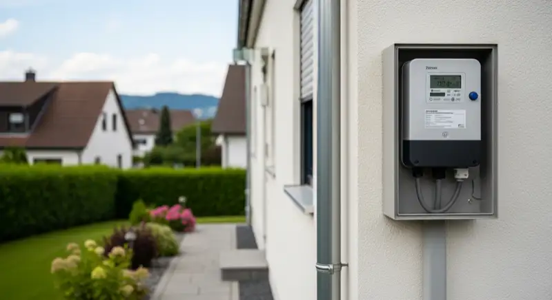 Modern German electrical meter cabinet (Zählerschrank) with smart meter and solar inverter connection, clean technical installation
