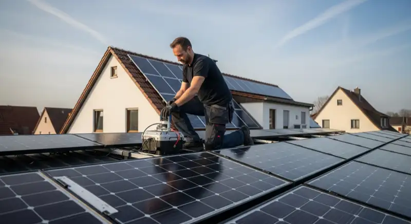 Installateur bei der Montage von Solarmodulen auf einem Reutlinger Wohnhaus