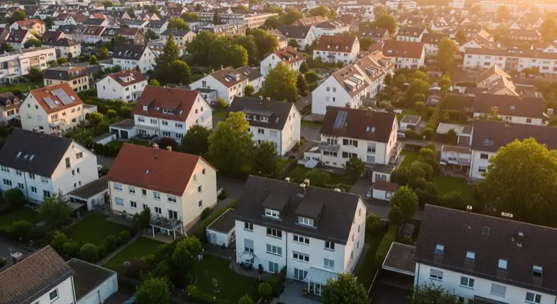 Aerial drone view of typical German residential neighborhood with mixed roof types, red and dark roof tiles, gardens visible, sunny day