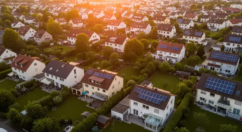 Aerial drone view of typical German residential neighborhood with mixed roof types, red and dark roof tiles, gardens visible, sunny day