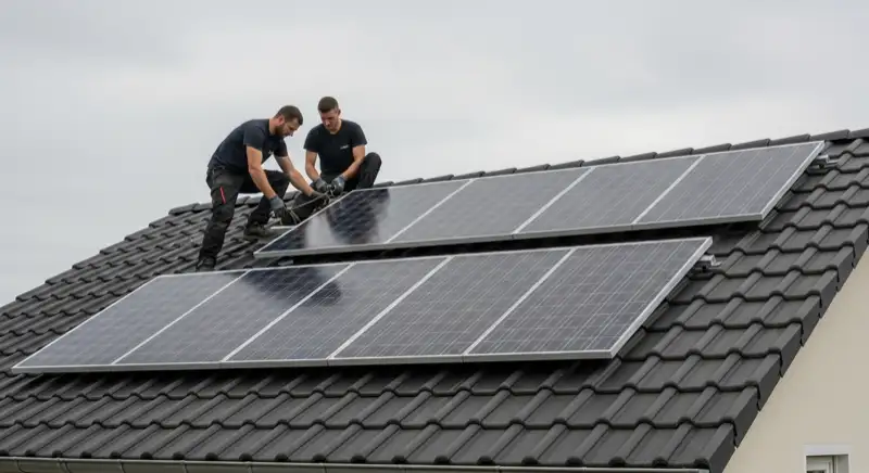Installateure befestigen Solarmodule auf Einfamilienhaus-Dach in Rodgau während der Montage
