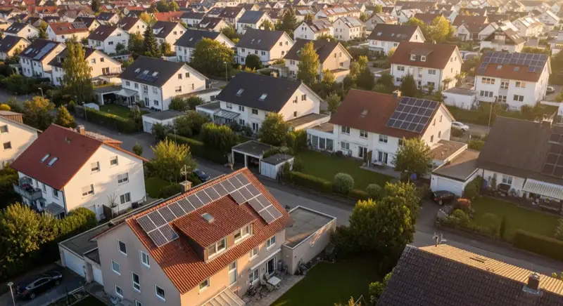 Aerial drone view of typical German residential neighborhood with mixed roof types, red and dark roof tiles, gardens visible, sunny day