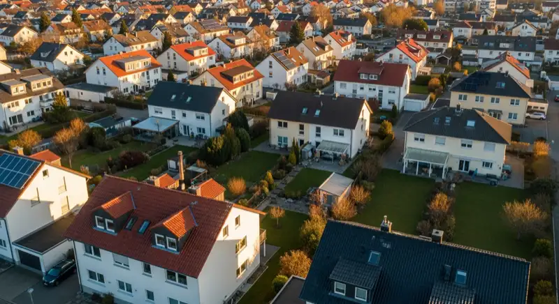 Aerial drone view of typical German residential neighborhood with mixed roof types, red and dark roof tiles, gardens visible, sunny day
