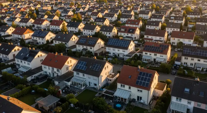 Aerial drone view of typical German residential neighborhood with mixed roof types, red and dark roof tiles, gardens visible, sunny day