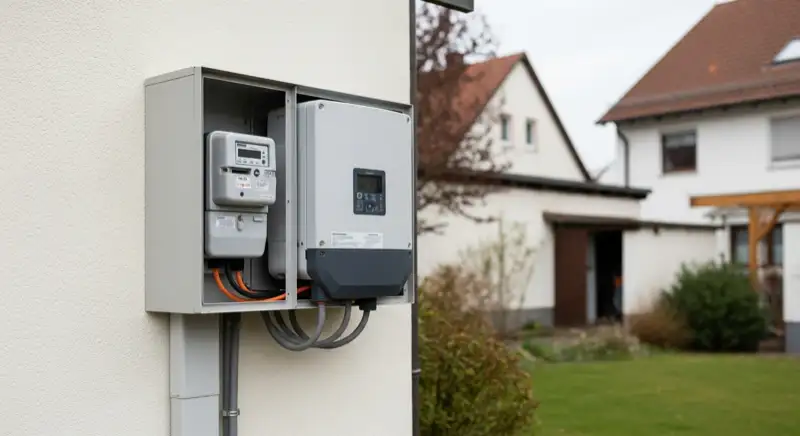 Modern German electrical meter cabinet (Zählerschrank) with smart meter and solar inverter connection, clean technical installation
