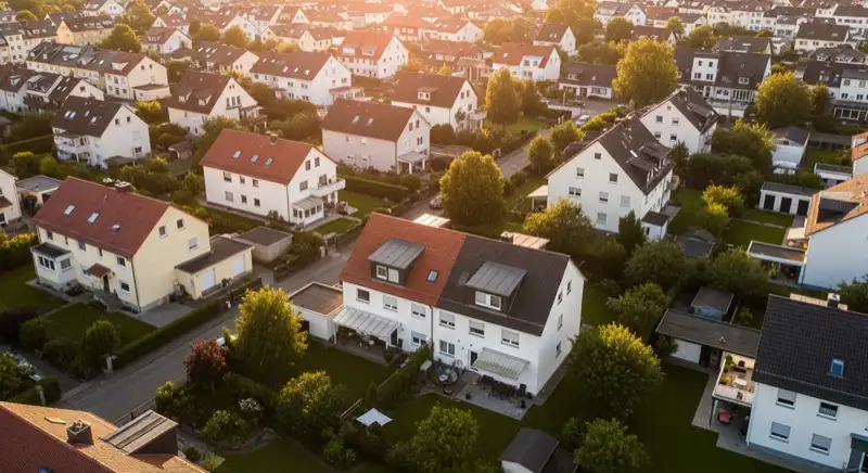 Aerial drone view of typical German residential neighborhood with mixed roof types, red and dark roof tiles, gardens visible, sunny day