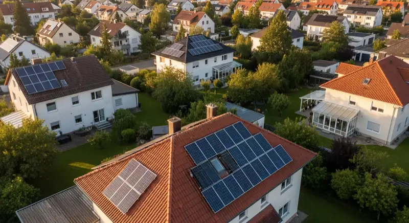 Aerial drone view of typical German residential neighborhood with mixed roof types, red and dark roof tiles, gardens visible, sunny day