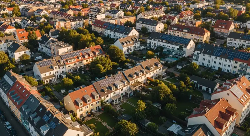 Aerial drone view of typical German residential neighborhood with mixed roof types, red and dark roof tiles, gardens visible, sunny day