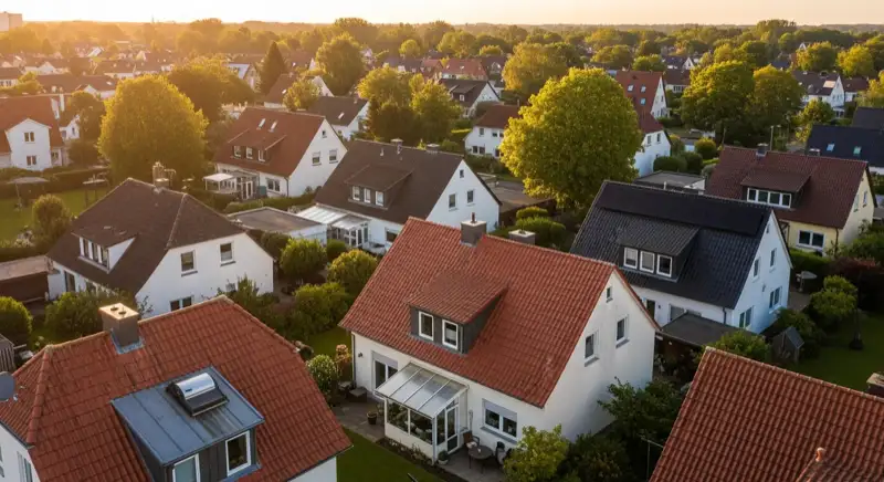 Aerial drone view of typical German residential neighborhood with mixed roof types, red and dark roof tiles, gardens visible, sunny day