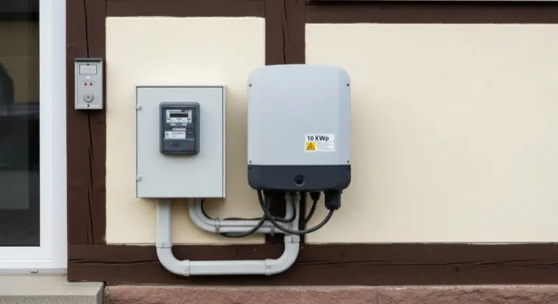Modern German electrical meter cabinet (Zählerschrank) with smart meter and solar inverter connection, clean technical installation