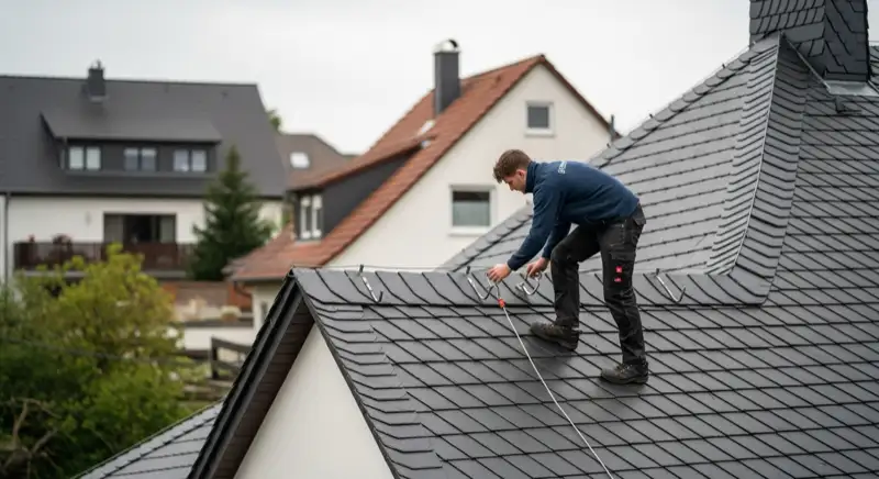 Installateur prüft Dachhaken auf einem Schieferdach in Rudolstadt