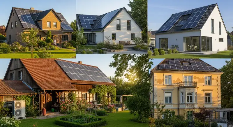 German detached house (Einfamilienhaus) with photovoltaic panels on pitched roof, well-maintained garden, warm afternoon sunlight