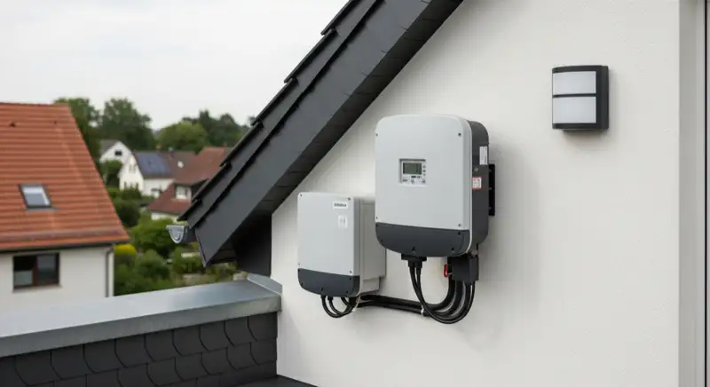 Modern German electrical meter cabinet (Zählerschrank) with smart meter and solar inverter connection, clean technical installation