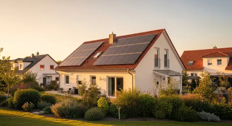 Einfamilienhaus mit Ziegeldach und Solaranlage in einem Rudolstädter Wohngebiet